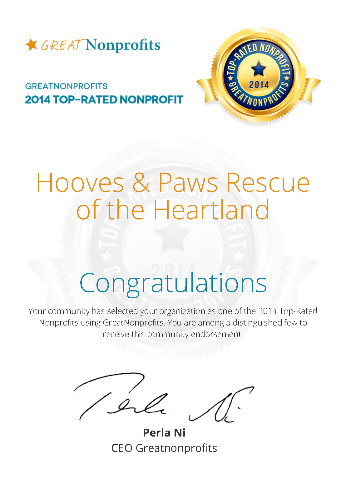 Hooves & Paws Rescue Of The Heartland Has Been Awarded 